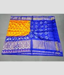Mango Yellow and Blue color pochampally ikkat pure silk handloom saree with pochampalli ikkat design with special big border -PIKP0020884