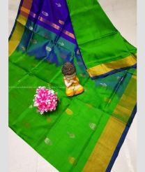 Parrot Green and Purple Blue color uppada pattu handloom saree with all over bb buties design -UPDP0020774