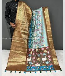 Blue Ivy and Brown color silk sarees with all over pichwai kalamkari printed design -SILK0014424