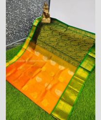 Orange and Green color Kollam Pattu handloom saree with all over hand buties design -KOLP0001541