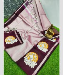 Baby Pink and Maroon color linen sarees with all over embroidery hand work buties with tissue border design -LINS0003573