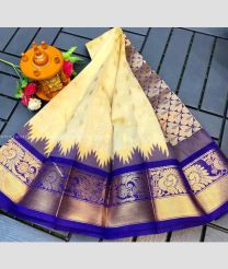 Cream and Blue color Chenderi silk handloom saree with all over buties with temple kuppadam border design -CNDP0016100