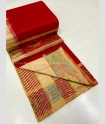 Red and Cream color Tripura Silk handloom saree with plain and thread woven lines with pochampally border design -TRPP0008019