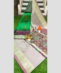 Green and Cream color Uppada Soft Silk sarees with pochampally border design -UPSF0004176