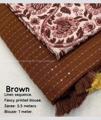 Brown and Cream color linen sarees with all over self woven checks and golden pattu border design -LINS0003670