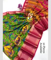Green and Magenta color Chenderi silk handloom saree with printed saree design -CNDP0013745