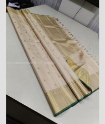 Cream and Dark Green color kanchi pattu handloom saree with kaddy border design -KANP0013714