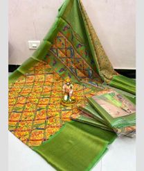 Yellow and Green color linen sarees with all over kalamkari printed with kanchi border design -LINS0003722