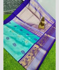 Blue Turquoise and Blue color mangalagiri pattu handloom saree with all over big buties with peacock border design -MAGP0026444
