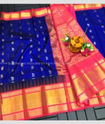 Navy Blue and Coral Pink color kuppadam pattu handloom saree with temple border design -KUPP0097114