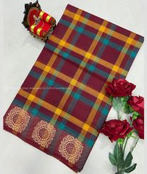 Maroon and Orange color Uppada Cotton handloom saree with all over checks with plate border both sides design -UPAT0004128