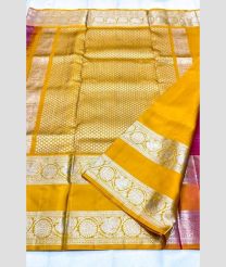Deep Pink and Yellow color venkatagiri pattu sarees with all over button buttas design -VAGP0000975