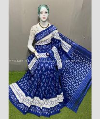 Navy Blue and White color pochampally Ikkat cotton handloom saree with pochampalli ikkat design saree -PIKT0000373