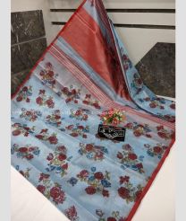 Sky Blue and Copper Red color linen sarees with all over thread work buties design -LINS0002977