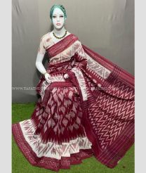 White and Maroon color pochampally Ikkat cotton handloom saree with pochampalli ikkat design saree -PIKT0000384