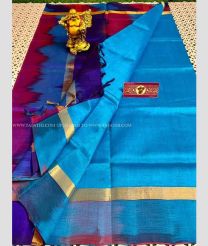 Blue and Magenta color Kollam Pattu handloom saree with plain with ikkat border design -KOLP0001474