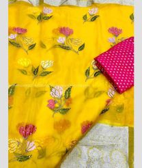 Yellow and Pink color Organza sarees with multi flower thread worked with diamond embroidery beautiful flower design -ORGS0003279