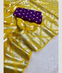 Mustard Yellow and Plum Purple color Georgette sarees with all over gold jari with jacquard border design -GEOS0024170