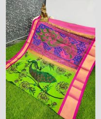 Parrot Green and Pink color Chenderi silk handloom saree with all different design -CNDP0014780