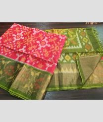 Pink and Mehendi Green color Ikkat sico handloom saree with pochampalli ikkat design -IKSS0000327