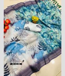 Cream and Blue color linen sarees with 3 and 3 silver pure zari patta with kolkata hand table  printed design -LINS0002931