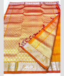 Orange and Silver color venkatagiri pattu handloom saree with all over buties design -VAGP0000481
