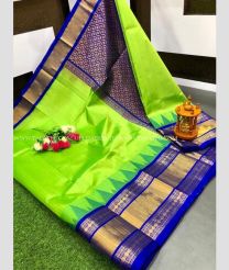 Green and Royal Blue color kuppadam pattu handloom saree with plain with special kanchi pletu temple border design -KUPP0084936