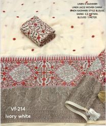 Cream and Millennium Jade color linen sarees with kashmiri style multi colored thread and siroski diamond work with jacquard woven border design -LINS0003160