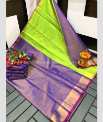 Purple Blue and Parrot Green color Uppada Tissue handloom saree with plain border design -UPPI0001785