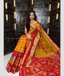 Mango Yellow and Red color Ikkat sico handloom saree with pochampalli ikkat design -IKSS0000440