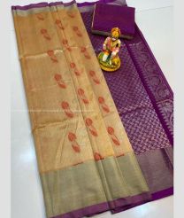Bisque and Magenta color Kollam Pattu handloom saree with all over buties with jari checks design -KOLP0001762
