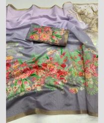 Lavender and Grey color linen sarees with all over floral printed design -LINS0003528