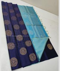 Navy Blue and Sky Blue color soft silk kanchipuram sarees with all over buties and checks with double warp border design -KASS0000981