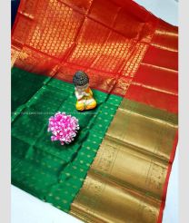 Pine Green and Red color kuppadam pattu handloom saree with all over buties with kanchi border design -KUPP0096728