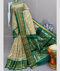 Cream and Pine Green color pochampally ikkat pure silk sarees with kanchi border design -PIKP0037953