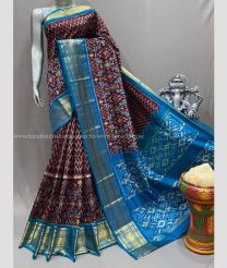 Dark Chocolate and Blue color pochampally ikkat pure silk handloom saree with pochampalli ikkat design -PIKP0028111