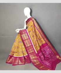 Mustard Yellow and Pink color pochampally ikkat pure silk handloom saree with kanchi border design -PIKP0037194