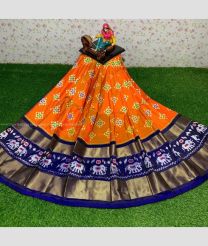 Mango Yellow and Navy Blue color Ikkat Lehengas with all over pochampally design -IKPL0000727