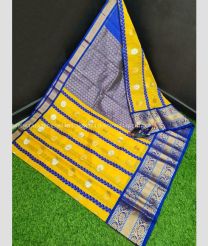 Yellow and Blue color Kollam Pattu handloom saree with all over laksha buties with kanchi border design -KOLP0001467