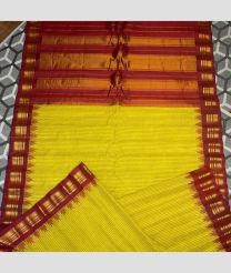 Yellow and Red color gadwal pattu handloom saree with all over small checks with kuthu interlock weaving system temple kothakoma design -GDWP0001009