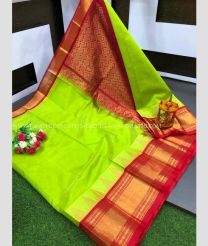Parrot Green and Red color kuppadam pattu handloom saree with plain with special kanchi pletu temple border design -KUPP0084928