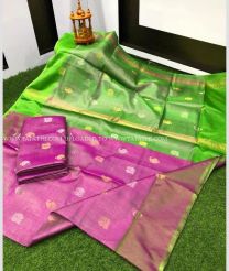 Magenta and Parrot Green color Uppada Tissue handloom saree with all over dollar buties saree design -UPPI0000383