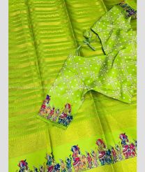 Parrot Green and Golden color Banarasi sarees with beautiful printed with kota jacquard design -BANS0018044