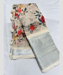 Cream and Grey color linen sarees with all over rich design with jacquard border -LINS0003079
