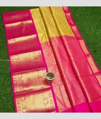 Yellow and Pink color Chenderi silk handloom saree with all over buties with kanchi kuppadam border design -CNDP0015746