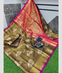Mocha and Pink color Uppada Tissue handloom saree with all over screen printed design -UPPI0001693
