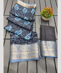 Dark Grey and Sky Blue color linen sarees with heavy jacquard border design -LINS0003004