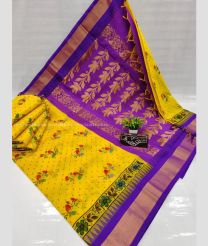 Yellow and Purple color Chenderi silk handloom saree with all over printed design with temple border -CNDP0014032