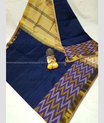 Navy Blue and Half Egg White color Tripura Silk handloom saree with plain with big pochampalli ikkat border design -TRPP0007050
