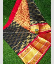 Black and Red color Chenderi silk handloom saree with all over checks and buties design -CNDP0016175